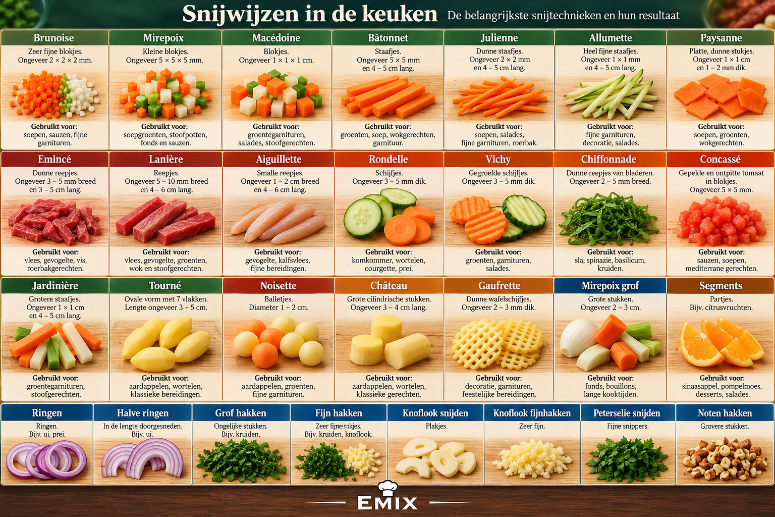 Snijresultaten — julienne, brunoise en andere klassieke snijvormen