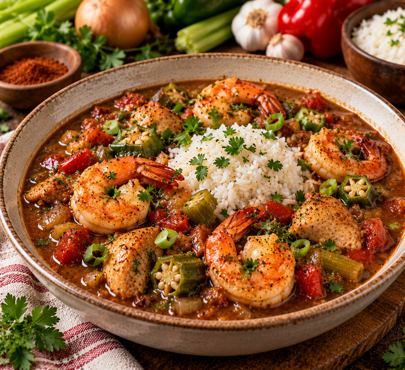 Gumbo met scampi en kip