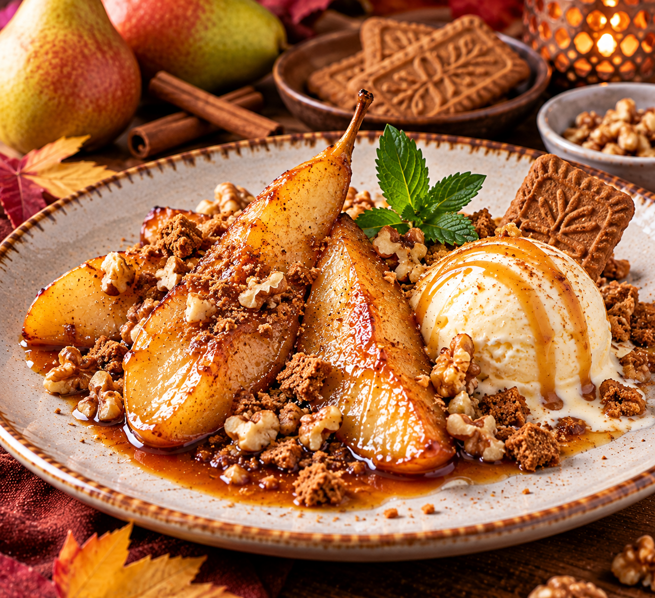 Warme karamelperen met speculoos en vanille-ijs